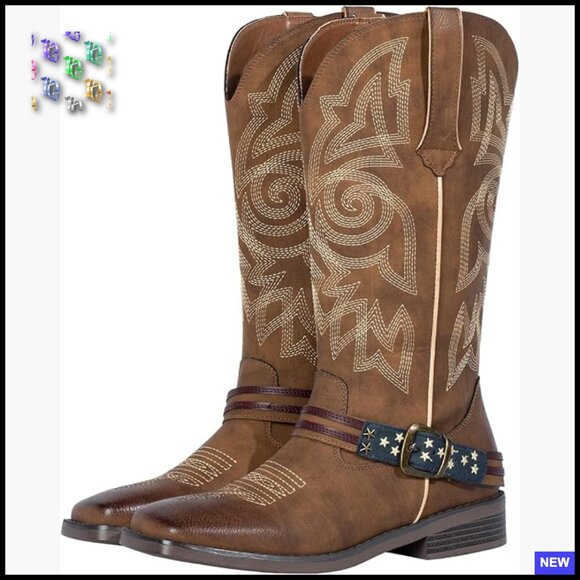 Western Cowgirl Boots Square Toe Mid Calf Fashion Equestrian Pull On Style
